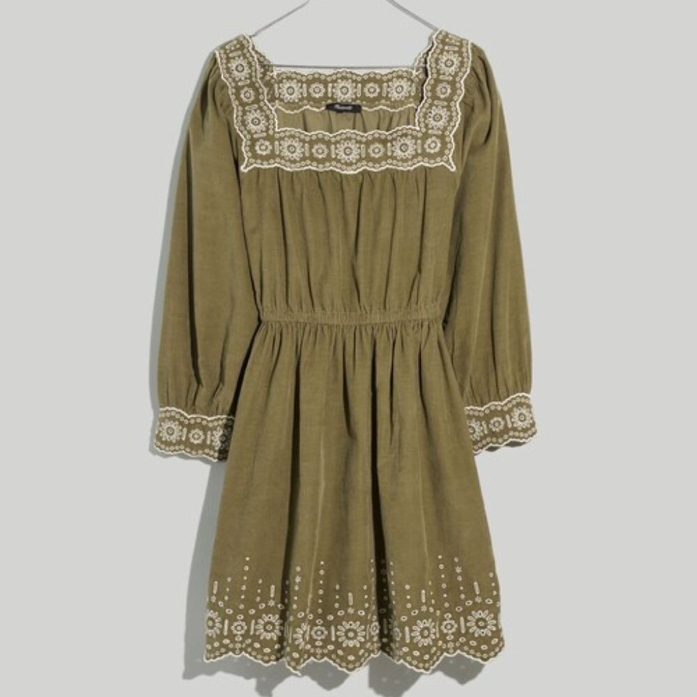 Madewell Green Embroidered Corduroy Square-Neck Mini Dress